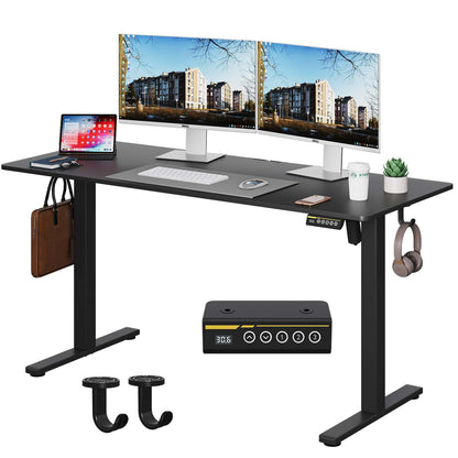 Large Electric Standing Desk,55x28 Inches Adjustable Height Stand up Desk, Sit Stand Home Office Desk, 3 Preset Heights,Equipped with Hooks,Ergonomic Computer Desk Workstation，Brown