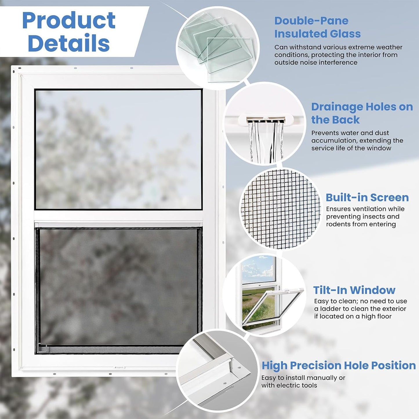 Vinyl Single Hung Sliding Window, 24" x 36" Household Window with Double-Pane Insulated Tempered Glass, White Energy-Efficient Soundproof Window for House, Mobile Home