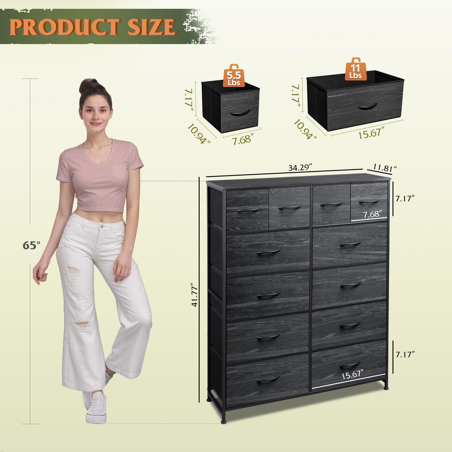 WLIVE Tall Dresser for Bedroom with 12 Drawers, Dressers & Chests of Drawers, Fabric Dressers for Closet, Storage Dresser Organizer with Steel Frame, Wood Top, Rustic Brown Wood Grain Print
