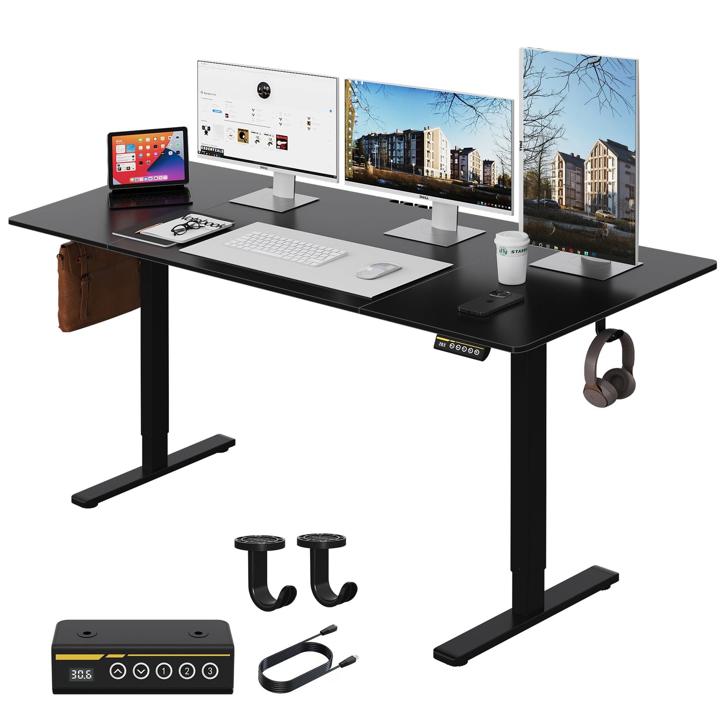 Large Electric Standing Desk,55x28 Inches Adjustable Height Stand up Desk, Sit Stand Home Office Desk, 3 Preset Heights,Equipped with Hooks,Ergonomic Computer Desk Workstation，Brown