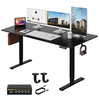 Large Electric Standing Desk,55x28 Inches Adjustable Height Stand up Desk, Sit Stand Home Office Desk, 3 Preset Heights,Equipped with Hooks,Ergonomic Computer Desk Workstation，Brown