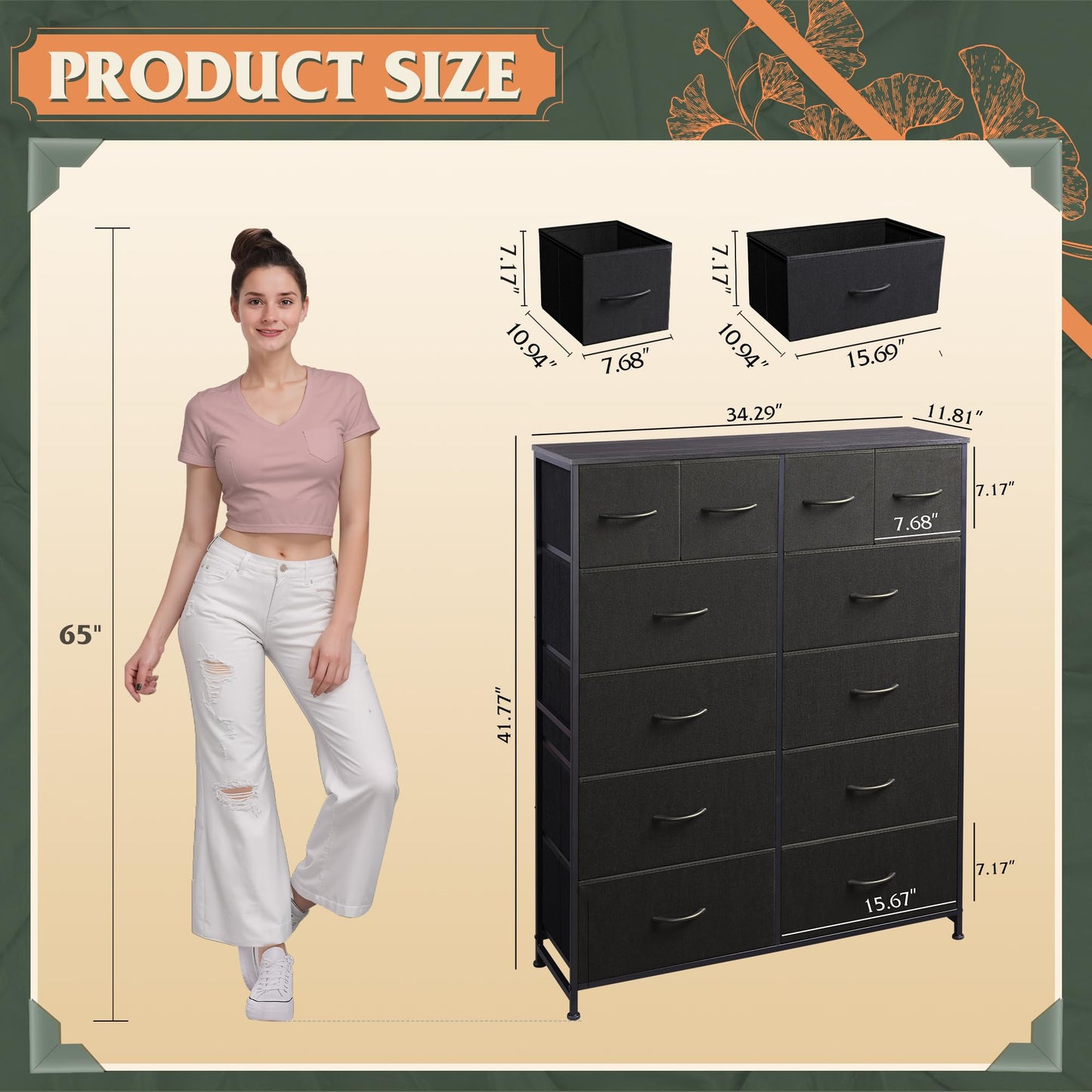 WLIVE Tall Dresser for Bedroom with 12 Drawers, Dressers & Chests of Drawers, Fabric Dressers for Closet, Storage Dresser Organizer with Steel Frame, Wood Top, Rustic Brown Wood Grain Print