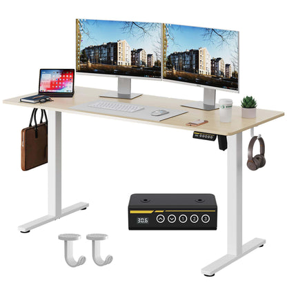 Large Electric Standing Desk,55x28 Inches Adjustable Height Stand up Desk, Sit Stand Home Office Desk, 3 Preset Heights,Equipped with Hooks,Ergonomic Computer Desk Workstation，Brown