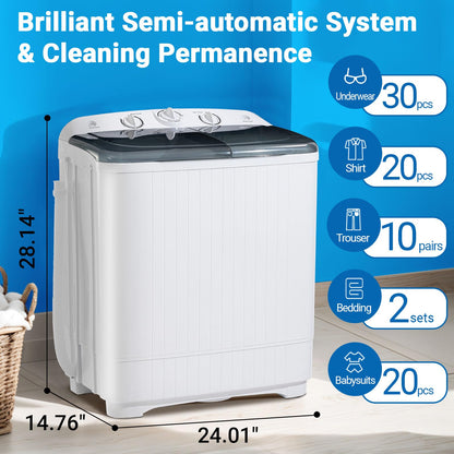 Portable 2-in-1 Twin Tub Washing Machine, 22Lbs Washer 10Lbs Spinner with Drain Pump, Semi-Automatic Compact Washer Dryer Combo for Apartment, Dorm, RV, Camping, Laundry Washer with Dual Motor