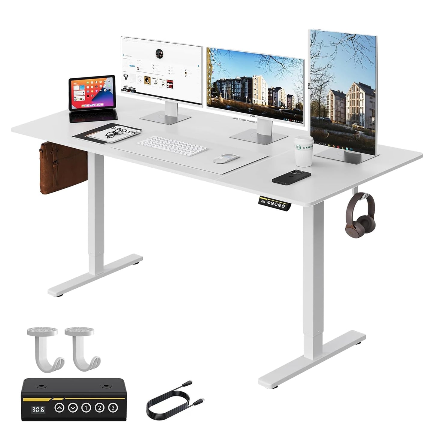 Large Electric Standing Desk,55x28 Inches Adjustable Height Stand up Desk, Sit Stand Home Office Desk, 3 Preset Heights,Equipped with Hooks,Ergonomic Computer Desk Workstation，Brown