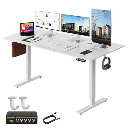 Large Electric Standing Desk,55x28 Inches Adjustable Height Stand up Desk, Sit Stand Home Office Desk, 3 Preset Heights,Equipped with Hooks,Ergonomic Computer Desk Workstation，Brown