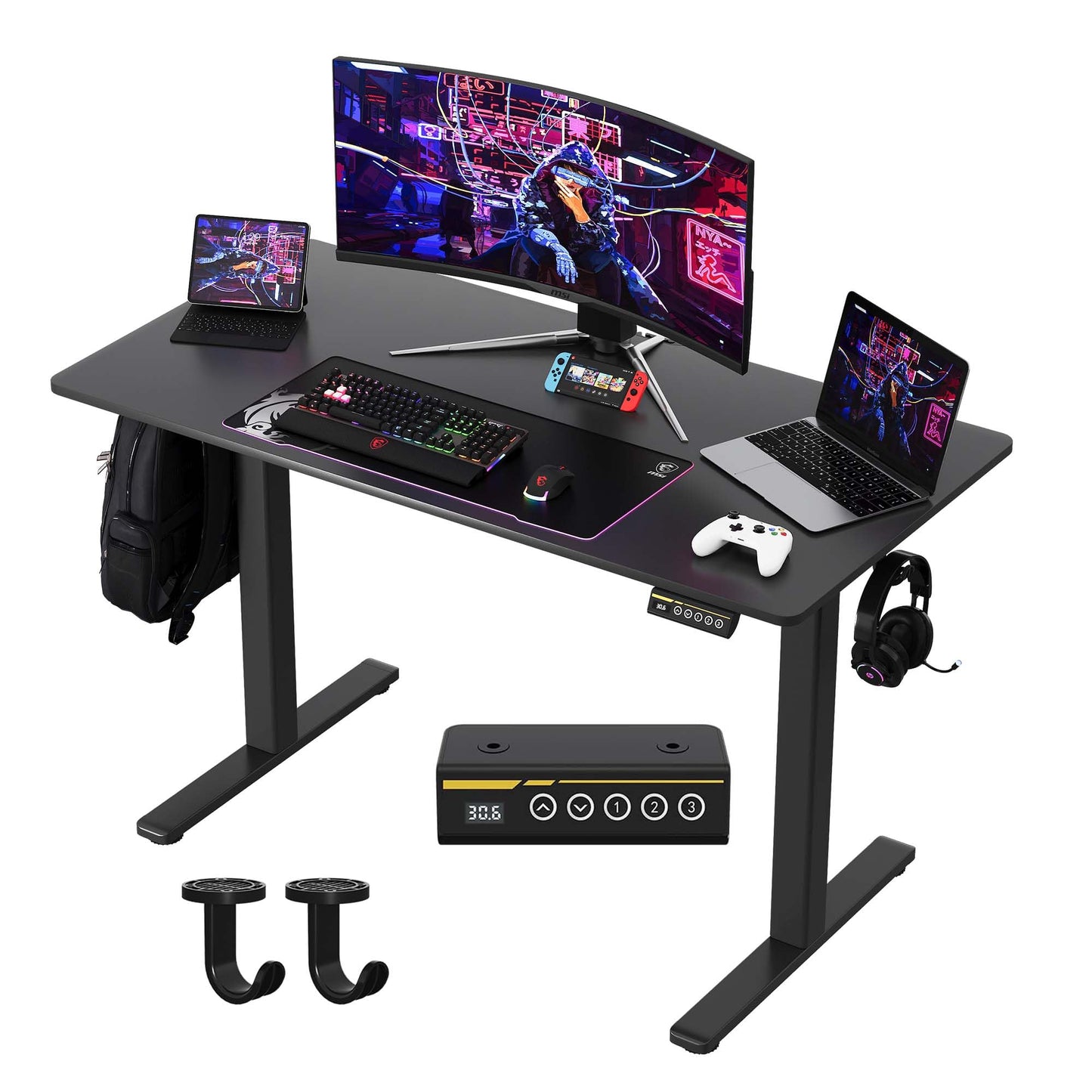 Large Electric Standing Desk,55x28 Inches Adjustable Height Stand up Desk, Sit Stand Home Office Desk, 3 Preset Heights,Equipped with Hooks,Ergonomic Computer Desk Workstation，Brown