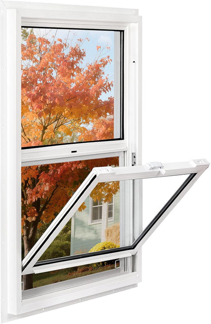 Vinyl Single Hung Sliding Window, 24" x 36" Household Window with Double-Pane Insulated Tempered Glass, White Energy-Efficient Soundproof Window for House, Mobile Home