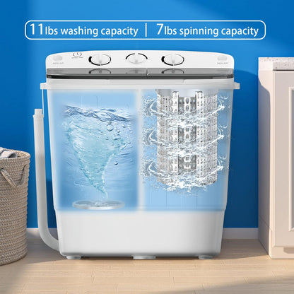 Portable 2-in-1 Twin Tub Washing Machine, 22Lbs Washer 10Lbs Spinner with Drain Pump, Semi-Automatic Compact Washer Dryer Combo for Apartment, Dorm, RV, Camping, Laundry Washer with Dual Motor