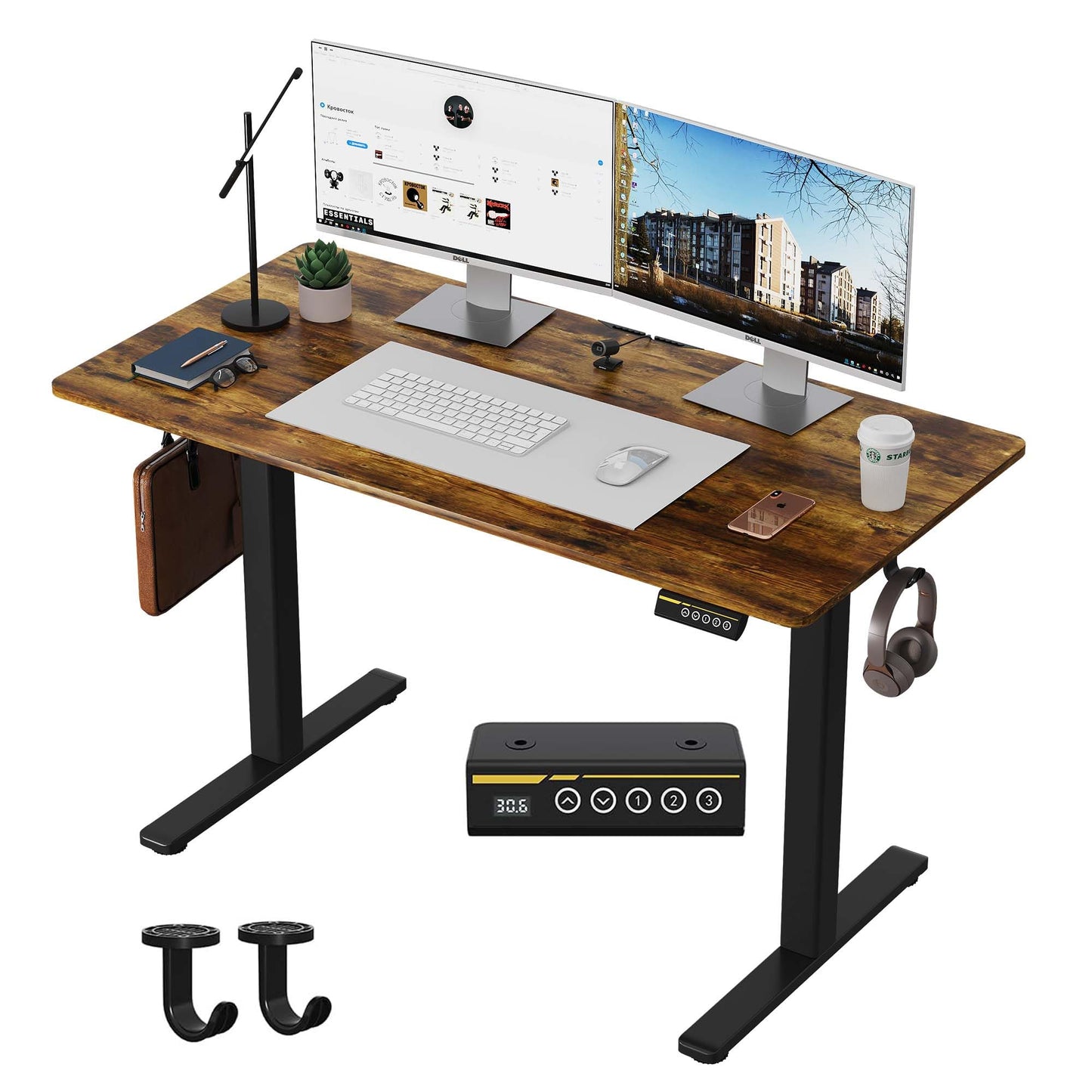 Large Electric Standing Desk,55x28 Inches Adjustable Height Stand up Desk, Sit Stand Home Office Desk, 3 Preset Heights,Equipped with Hooks,Ergonomic Computer Desk Workstation，Brown