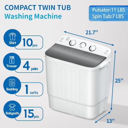 Portable 2-in-1 Twin Tub Washing Machine, 22Lbs Washer 10Lbs Spinner with Drain Pump, Semi-Automatic Compact Washer Dryer Combo for Apartment, Dorm, RV, Camping, Laundry Washer with Dual Motor