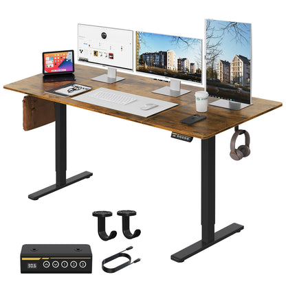 Large Electric Standing Desk,55x28 Inches Adjustable Height Stand up Desk, Sit Stand Home Office Desk, 3 Preset Heights,Equipped with Hooks,Ergonomic Computer Desk Workstation，Brown