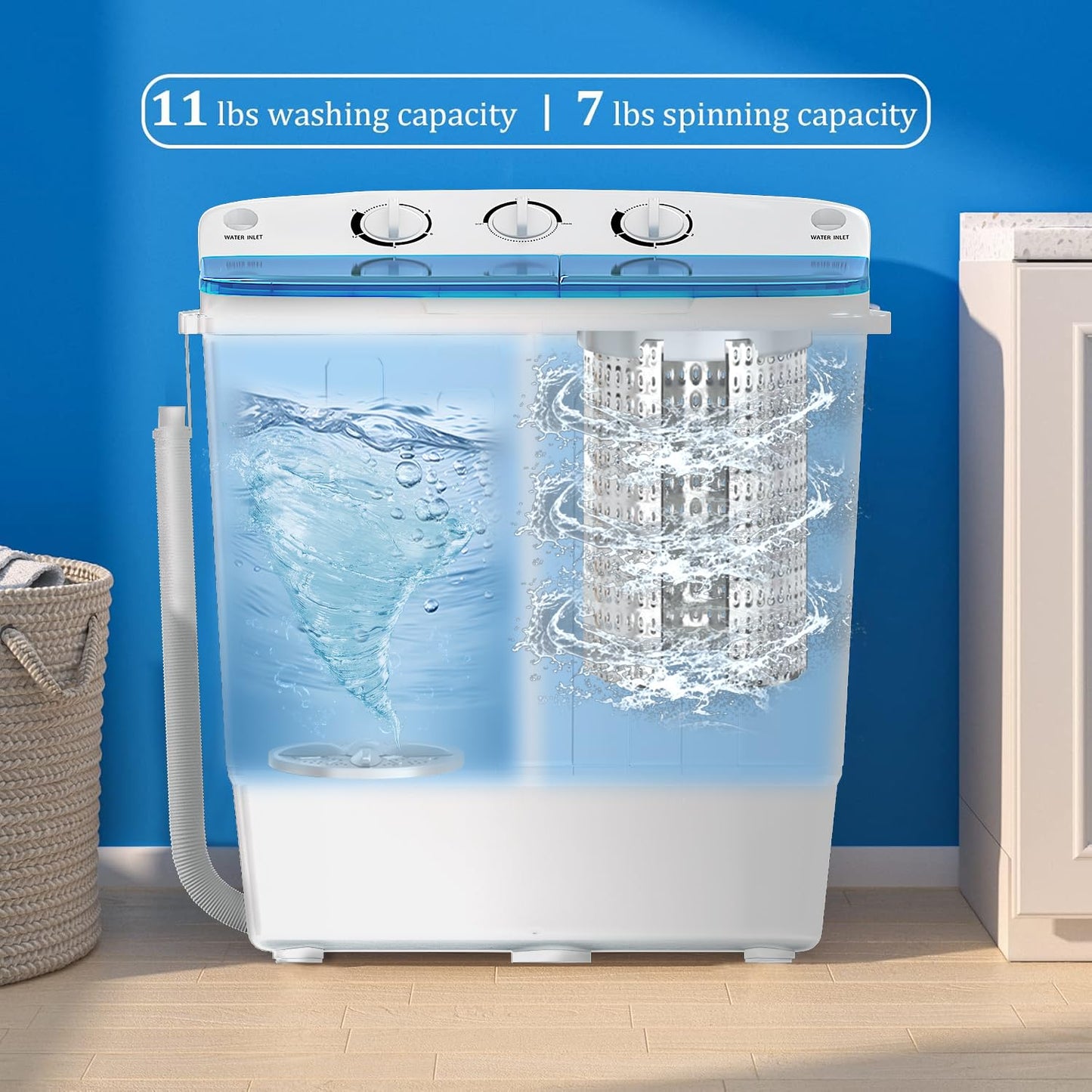 Portable 2-in-1 Twin Tub Washing Machine, 22Lbs Washer 10Lbs Spinner with Drain Pump, Semi-Automatic Compact Washer Dryer Combo for Apartment, Dorm, RV, Camping, Laundry Washer with Dual Motor