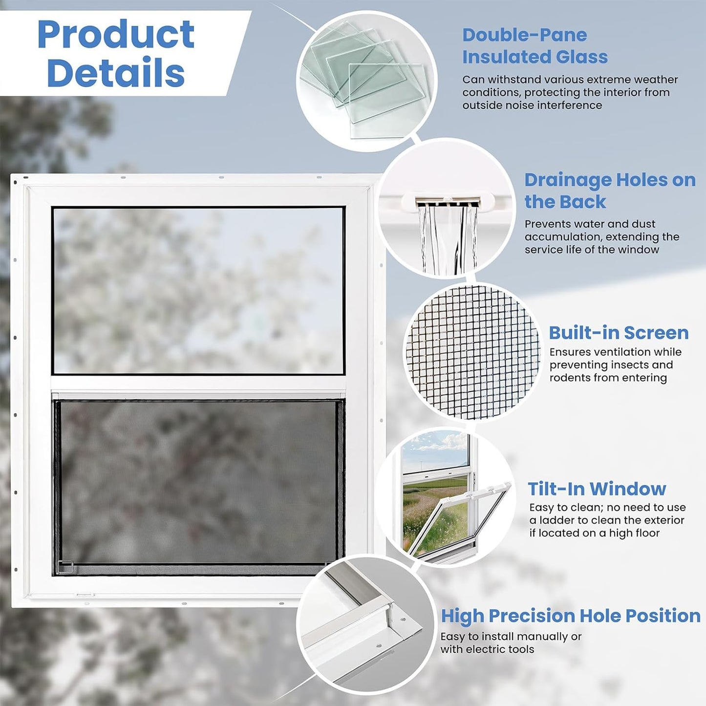 Vinyl Single Hung Sliding Window, 24" x 36" Household Window with Double-Pane Insulated Tempered Glass, White Energy-Efficient Soundproof Window for House, Mobile Home