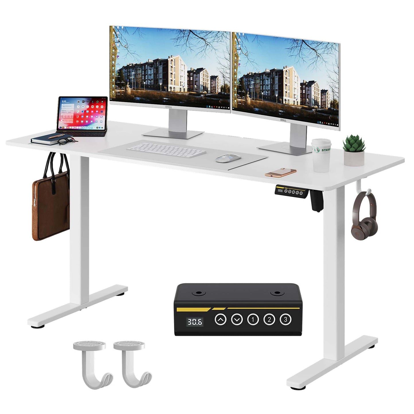 Large Electric Standing Desk,55x28 Inches Adjustable Height Stand up Desk, Sit Stand Home Office Desk, 3 Preset Heights,Equipped with Hooks,Ergonomic Computer Desk Workstation，Brown