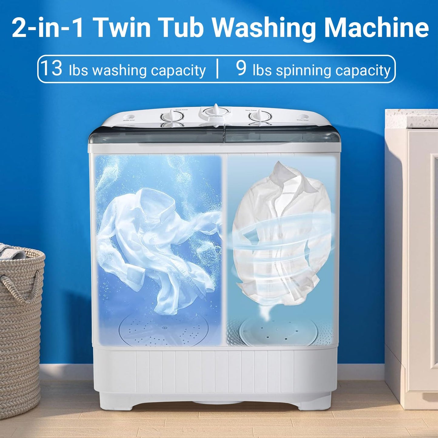 Portable 2-in-1 Twin Tub Washing Machine, 22Lbs Washer 10Lbs Spinner with Drain Pump, Semi-Automatic Compact Washer Dryer Combo for Apartment, Dorm, RV, Camping, Laundry Washer with Dual Motor