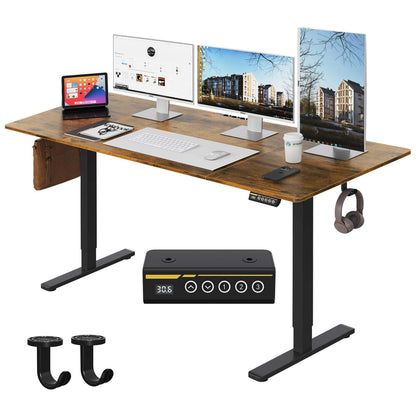 Large Electric Standing Desk,55x28 Inches Adjustable Height Stand up Desk, Sit Stand Home Office Desk, 3 Preset Heights,Equipped with Hooks,Ergonomic Computer Desk Workstation，Brown