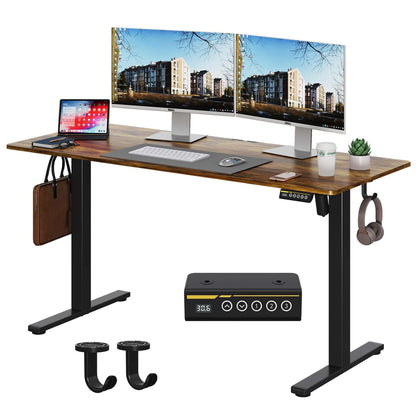 Large Electric Standing Desk,55x28 Inches Adjustable Height Stand up Desk, Sit Stand Home Office Desk, 3 Preset Heights,Equipped with Hooks,Ergonomic Computer Desk Workstation，Brown