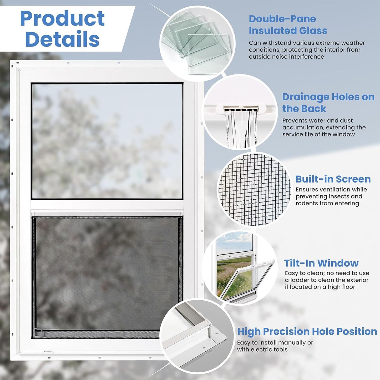 Vinyl Single Hung Sliding Window, 24" x 36" Household Window with Double-Pane Insulated Tempered Glass, White Energy-Efficient Soundproof Window for House, Mobile Home