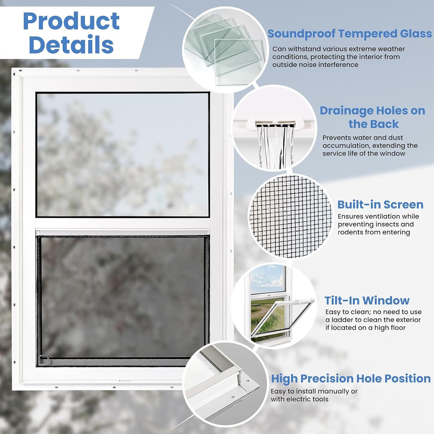 Vinyl Single Hung Sliding Window, 24" x 36" Household Window with Double-Pane Insulated Tempered Glass, White Energy-Efficient Soundproof Window for House, Mobile Home