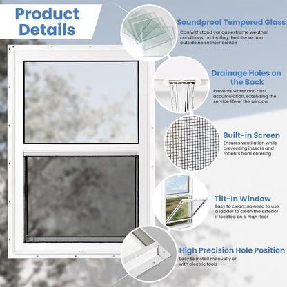 Vinyl Single Hung Sliding Window, 24" x 36" Household Window with Double-Pane Insulated Tempered Glass, White Energy-Efficient Soundproof Window for House, Mobile Home