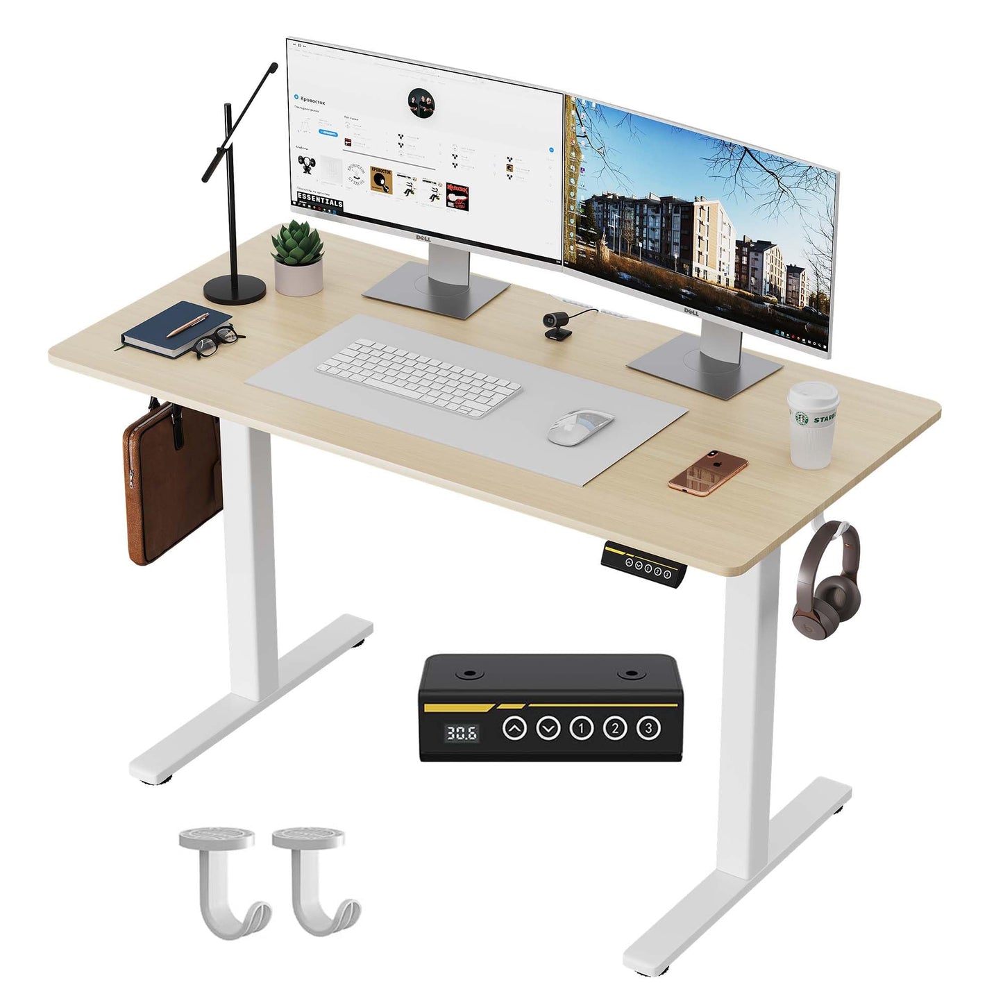Large Electric Standing Desk,55x28 Inches Adjustable Height Stand up Desk, Sit Stand Home Office Desk, 3 Preset Heights,Equipped with Hooks,Ergonomic Computer Desk Workstation，Brown