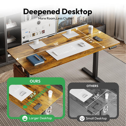 Large Electric Standing Desk,55x28 Inches Adjustable Height Stand up Desk, Sit Stand Home Office Desk, 3 Preset Heights,Equipped with Hooks,Ergonomic Computer Desk Workstation，Brown