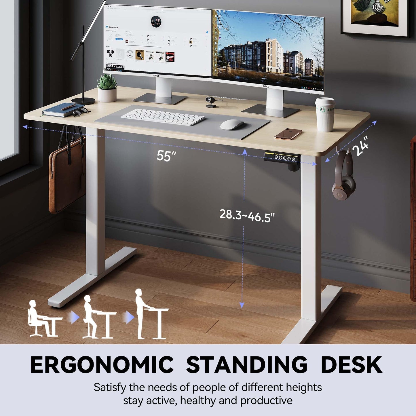 Large Electric Standing Desk,55x28 Inches Adjustable Height Stand up Desk, Sit Stand Home Office Desk, 3 Preset Heights,Equipped with Hooks,Ergonomic Computer Desk Workstation，Brown