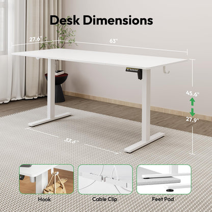 Large Electric Standing Desk,55x28 Inches Adjustable Height Stand up Desk, Sit Stand Home Office Desk, 3 Preset Heights,Equipped with Hooks,Ergonomic Computer Desk Workstation，Brown