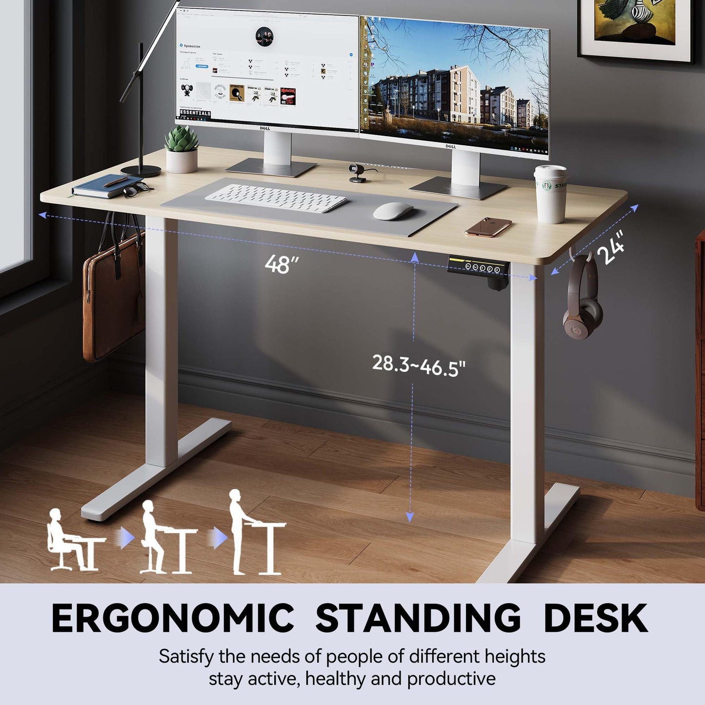 Large Electric Standing Desk,55x28 Inches Adjustable Height Stand up Desk, Sit Stand Home Office Desk, 3 Preset Heights,Equipped with Hooks,Ergonomic Computer Desk Workstation，Brown