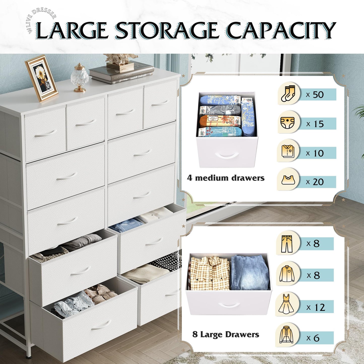 WLIVE Tall Dresser for Bedroom with 12 Drawers, Dressers & Chests of Drawers, Fabric Dressers for Closet, Storage Dresser Organizer with Steel Frame, Wood Top, Rustic Brown Wood Grain Print