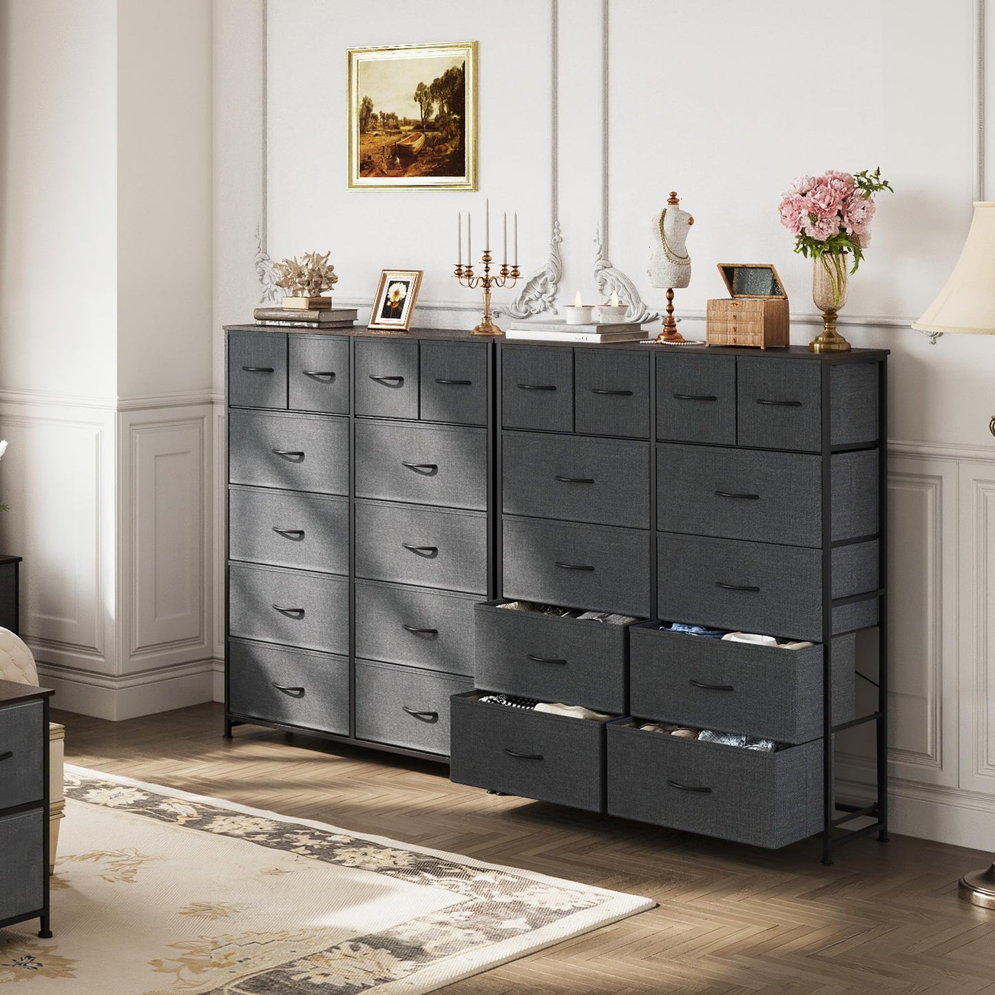 WLIVE Tall Dresser for Bedroom with 12 Drawers, Dressers & Chests of Drawers, Fabric Dressers for Closet, Storage Dresser Organizer with Steel Frame, Wood Top, Rustic Brown Wood Grain Print