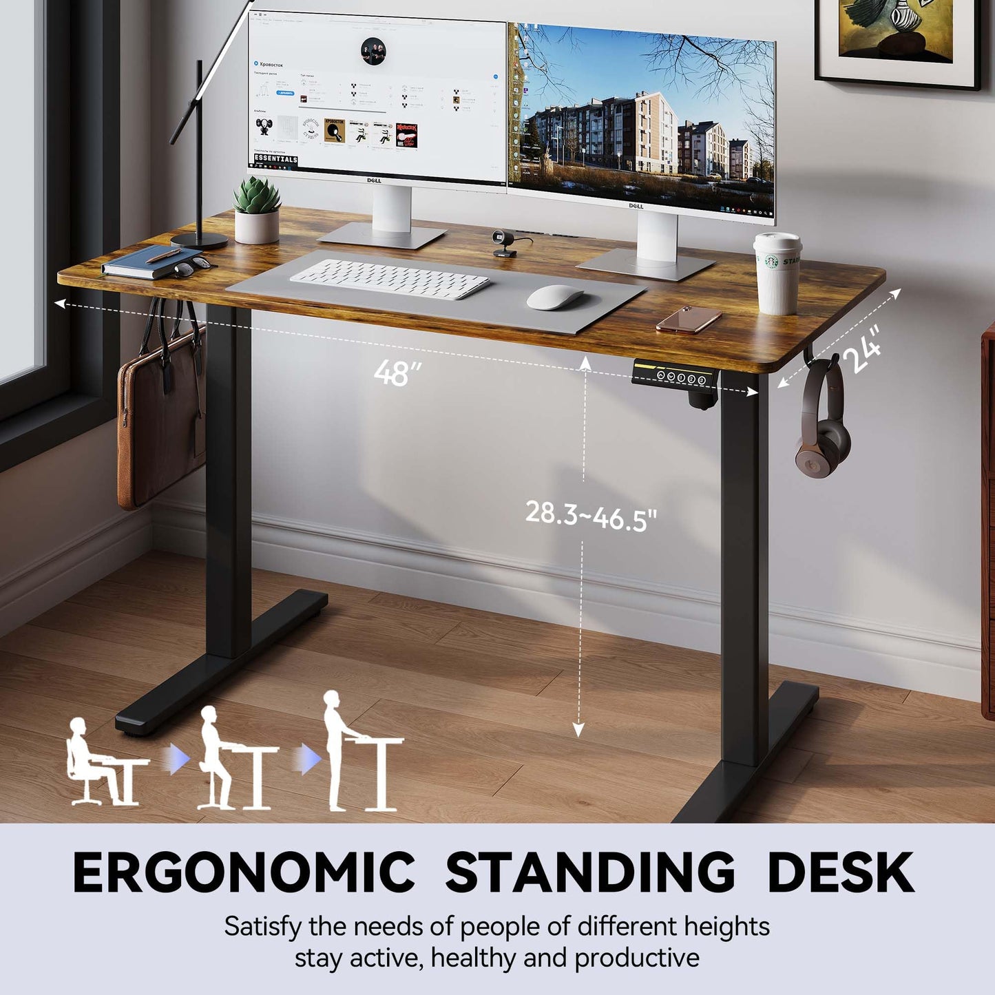 Large Electric Standing Desk,55x28 Inches Adjustable Height Stand up Desk, Sit Stand Home Office Desk, 3 Preset Heights,Equipped with Hooks,Ergonomic Computer Desk Workstation，Brown