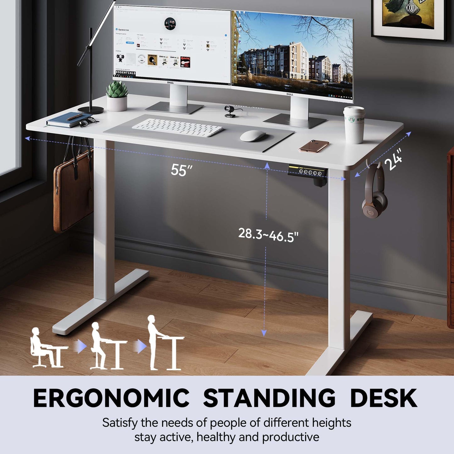 Large Electric Standing Desk,55x28 Inches Adjustable Height Stand up Desk, Sit Stand Home Office Desk, 3 Preset Heights,Equipped with Hooks,Ergonomic Computer Desk Workstation，Brown
