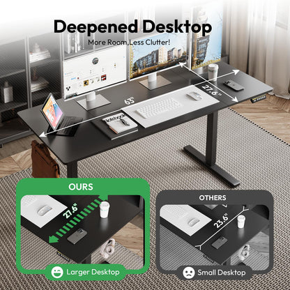 Large Electric Standing Desk,55x28 Inches Adjustable Height Stand up Desk, Sit Stand Home Office Desk, 3 Preset Heights,Equipped with Hooks,Ergonomic Computer Desk Workstation，Brown
