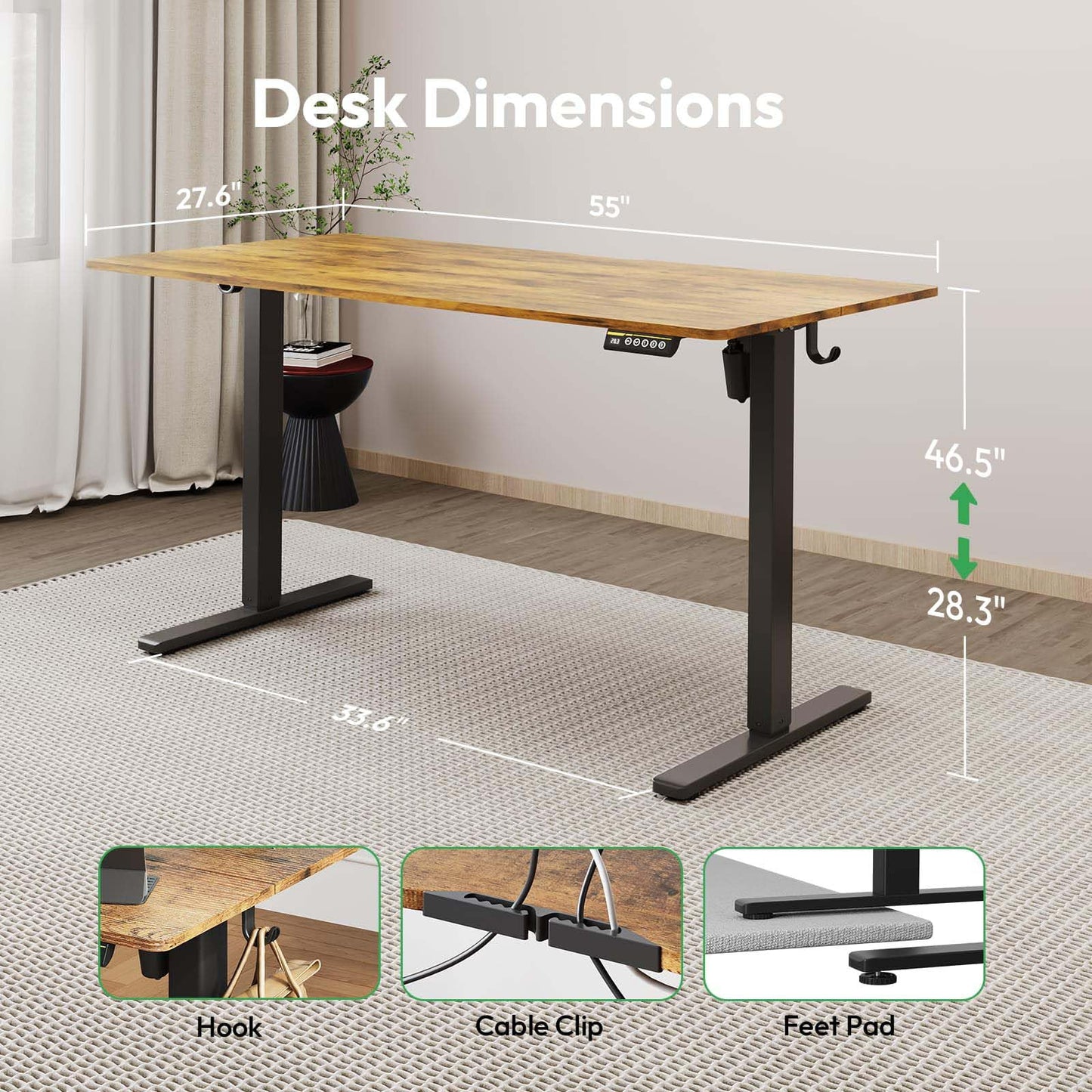 Large Electric Standing Desk,55x28 Inches Adjustable Height Stand up Desk, Sit Stand Home Office Desk, 3 Preset Heights,Equipped with Hooks,Ergonomic Computer Desk Workstation，Brown