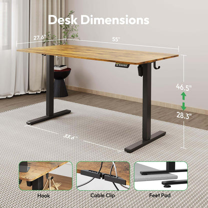 Large Electric Standing Desk,55x28 Inches Adjustable Height Stand up Desk, Sit Stand Home Office Desk, 3 Preset Heights,Equipped with Hooks,Ergonomic Computer Desk Workstation，Brown