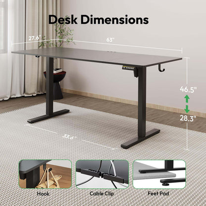 Large Electric Standing Desk,55x28 Inches Adjustable Height Stand up Desk, Sit Stand Home Office Desk, 3 Preset Heights,Equipped with Hooks,Ergonomic Computer Desk Workstation，Brown
