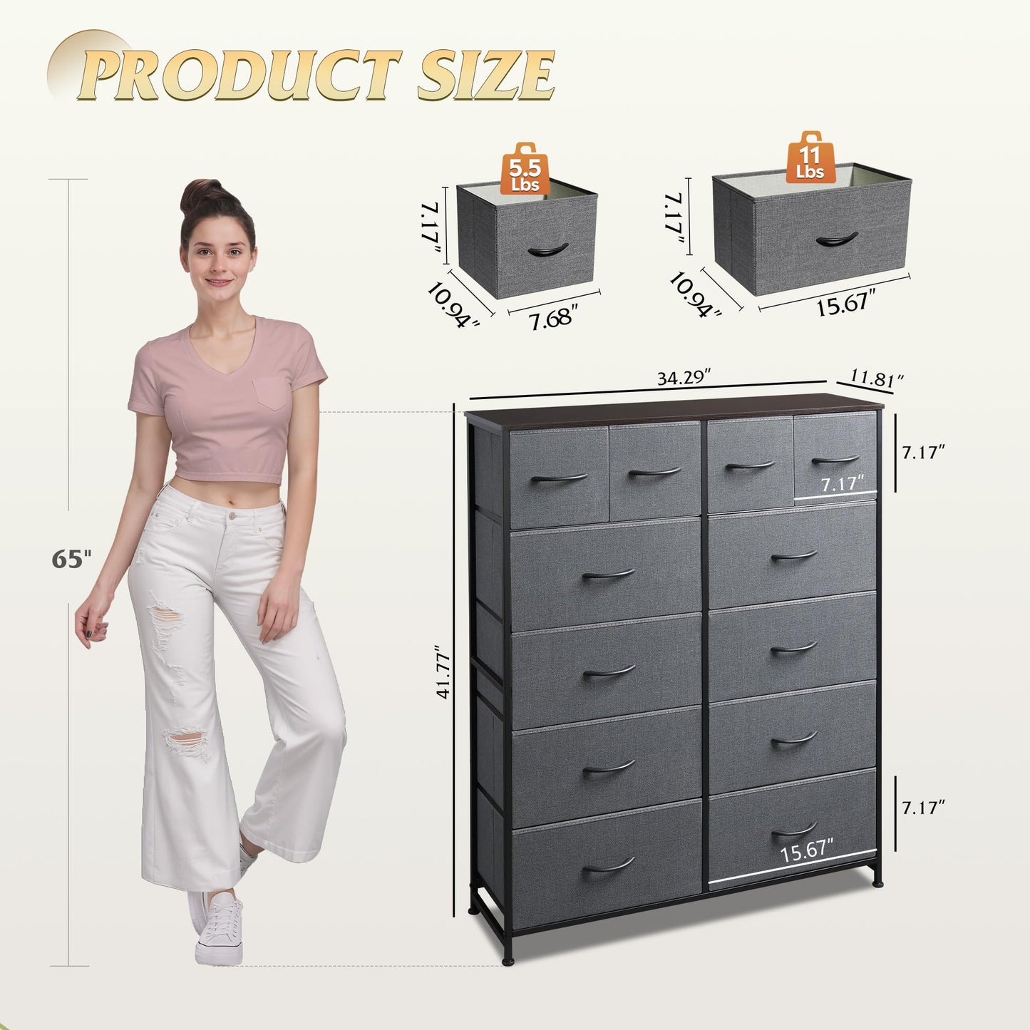 WLIVE Tall Dresser for Bedroom with 12 Drawers, Dressers & Chests of Drawers, Fabric Dressers for Closet, Storage Dresser Organizer with Steel Frame, Wood Top, Rustic Brown Wood Grain Print