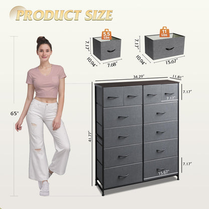 WLIVE Tall Dresser for Bedroom with 12 Drawers, Dressers & Chests of Drawers, Fabric Dressers for Closet, Storage Dresser Organizer with Steel Frame, Wood Top, Rustic Brown Wood Grain Print