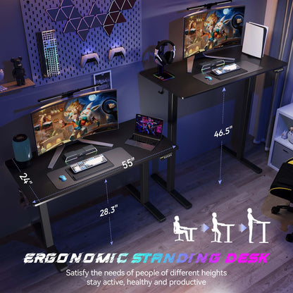 Large Electric Standing Desk,55x28 Inches Adjustable Height Stand up Desk, Sit Stand Home Office Desk, 3 Preset Heights,Equipped with Hooks,Ergonomic Computer Desk Workstation，Brown
