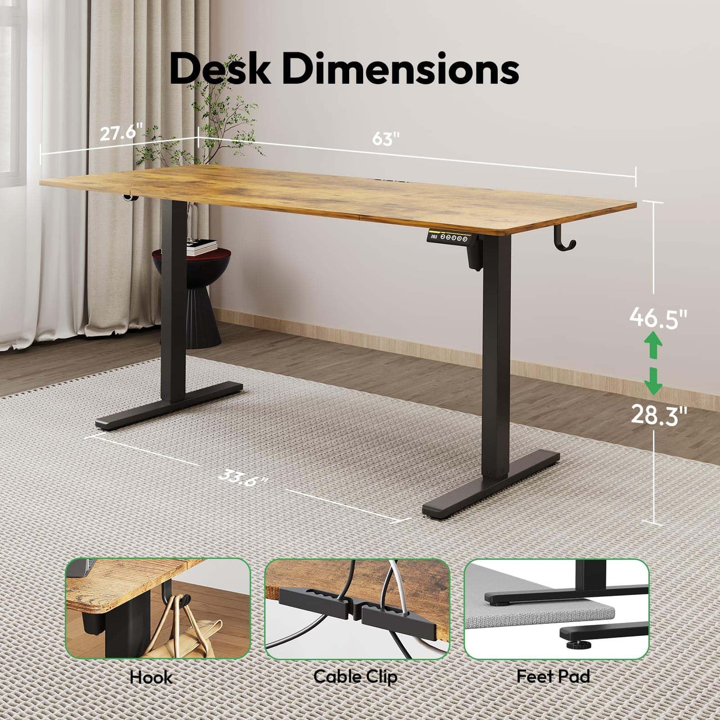 Large Electric Standing Desk,55x28 Inches Adjustable Height Stand up Desk, Sit Stand Home Office Desk, 3 Preset Heights,Equipped with Hooks,Ergonomic Computer Desk Workstation，Brown