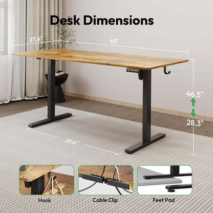Large Electric Standing Desk,55x28 Inches Adjustable Height Stand up Desk, Sit Stand Home Office Desk, 3 Preset Heights,Equipped with Hooks,Ergonomic Computer Desk Workstation，Brown