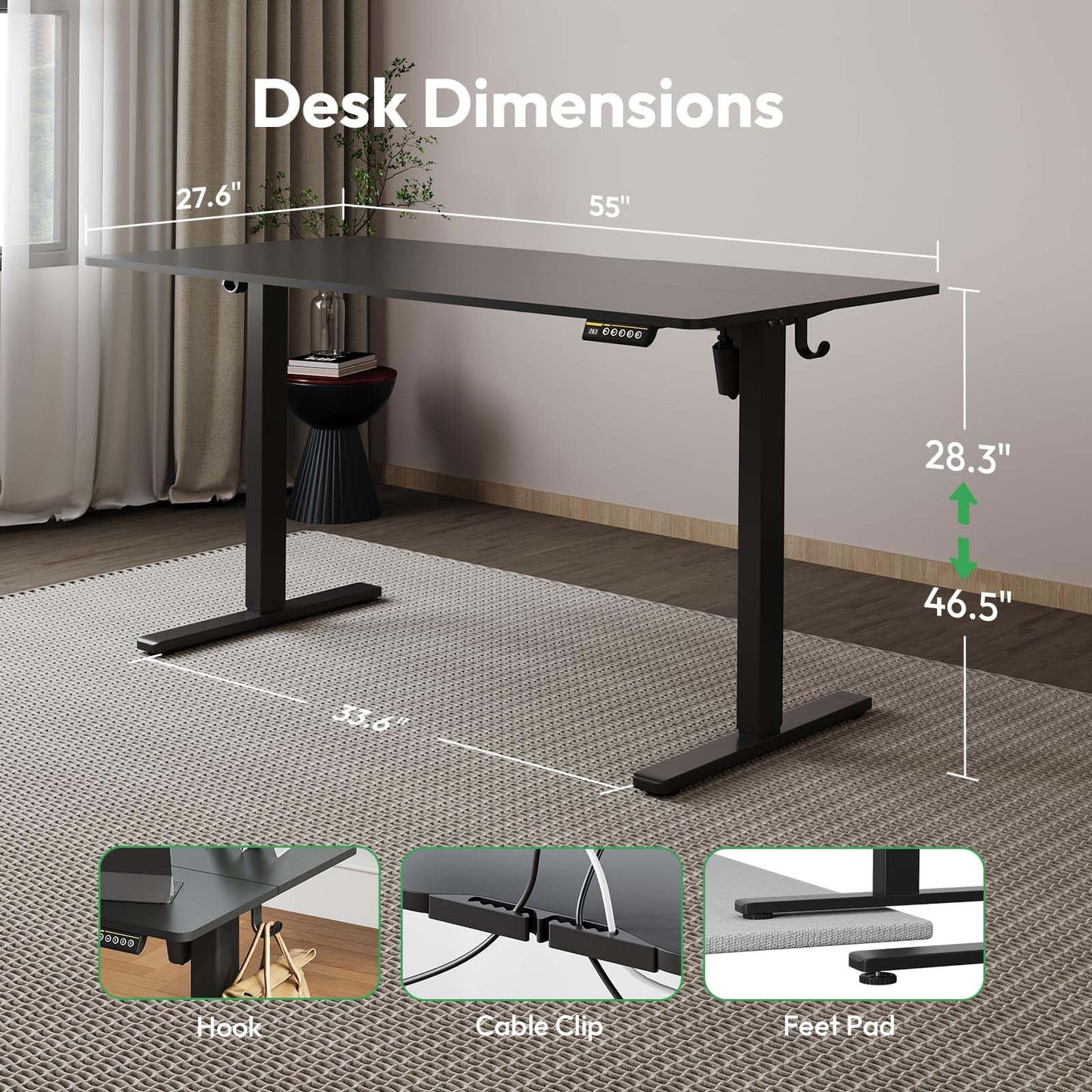 Large Electric Standing Desk,55x28 Inches Adjustable Height Stand up Desk, Sit Stand Home Office Desk, 3 Preset Heights,Equipped with Hooks,Ergonomic Computer Desk Workstation，Brown