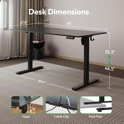 Large Electric Standing Desk,55x28 Inches Adjustable Height Stand up Desk, Sit Stand Home Office Desk, 3 Preset Heights,Equipped with Hooks,Ergonomic Computer Desk Workstation，Brown