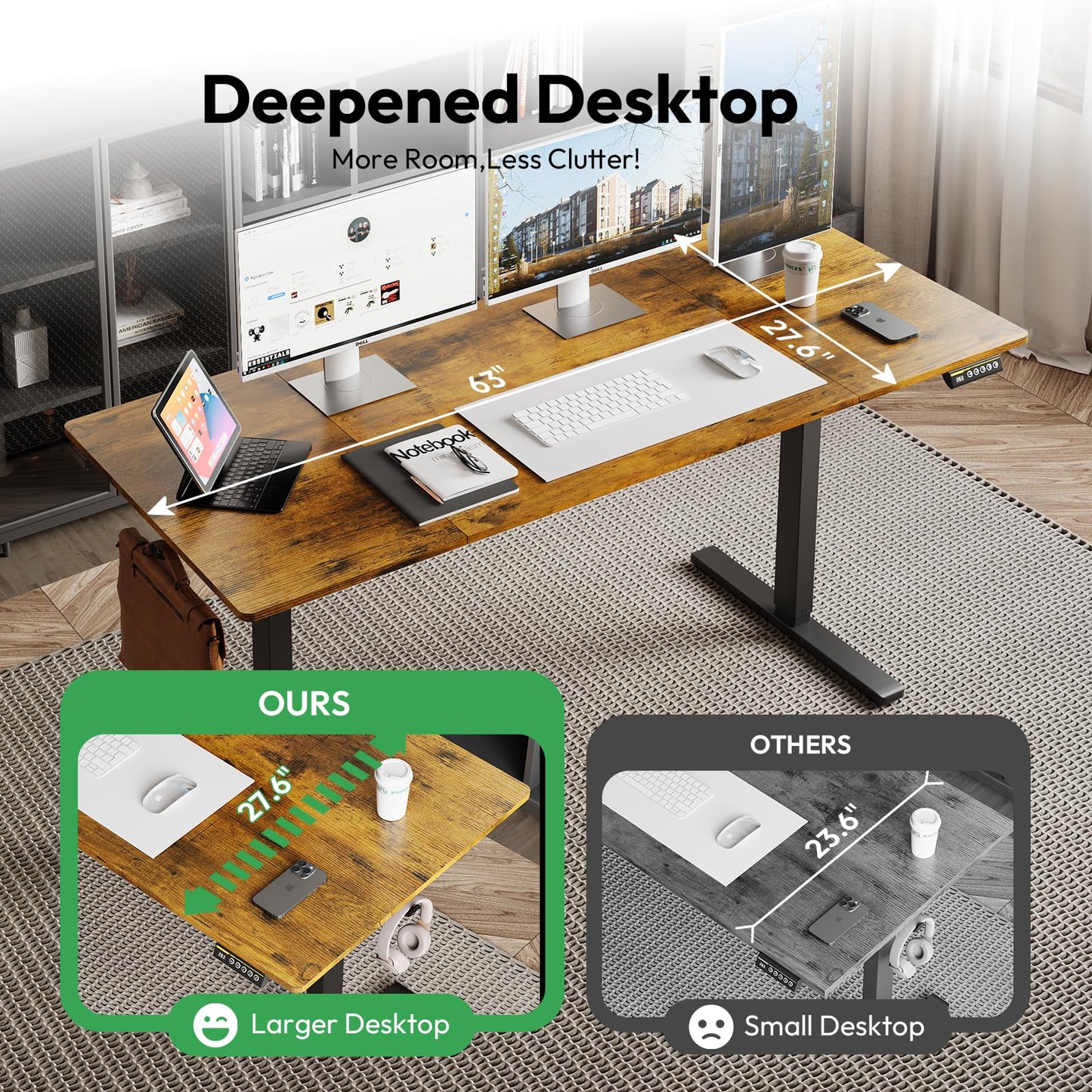 Large Electric Standing Desk,55x28 Inches Adjustable Height Stand up Desk, Sit Stand Home Office Desk, 3 Preset Heights,Equipped with Hooks,Ergonomic Computer Desk Workstation，Brown