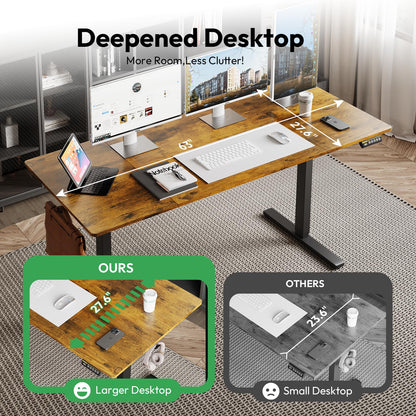 Large Electric Standing Desk,55x28 Inches Adjustable Height Stand up Desk, Sit Stand Home Office Desk, 3 Preset Heights,Equipped with Hooks,Ergonomic Computer Desk Workstation，Brown