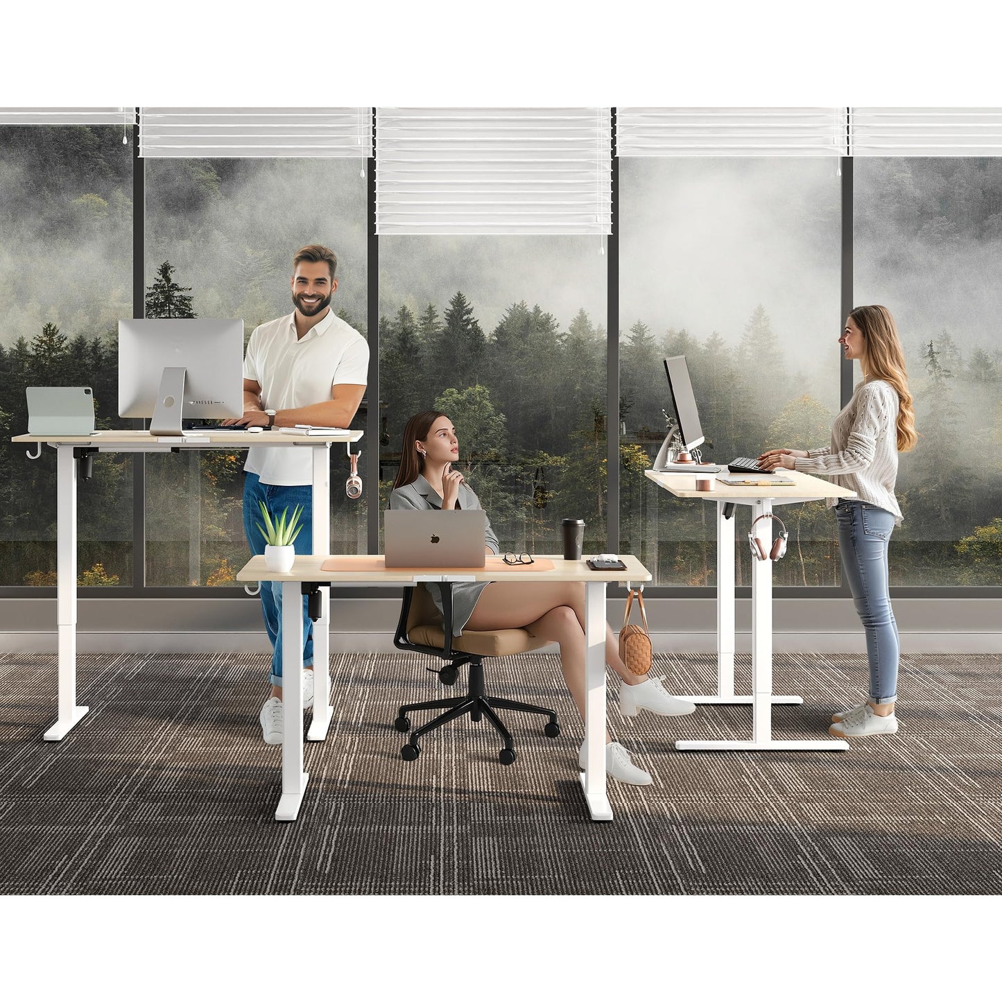 Large Electric Standing Desk,55x28 Inches Adjustable Height Stand up Desk, Sit Stand Home Office Desk, 3 Preset Heights,Equipped with Hooks,Ergonomic Computer Desk Workstation，Brown