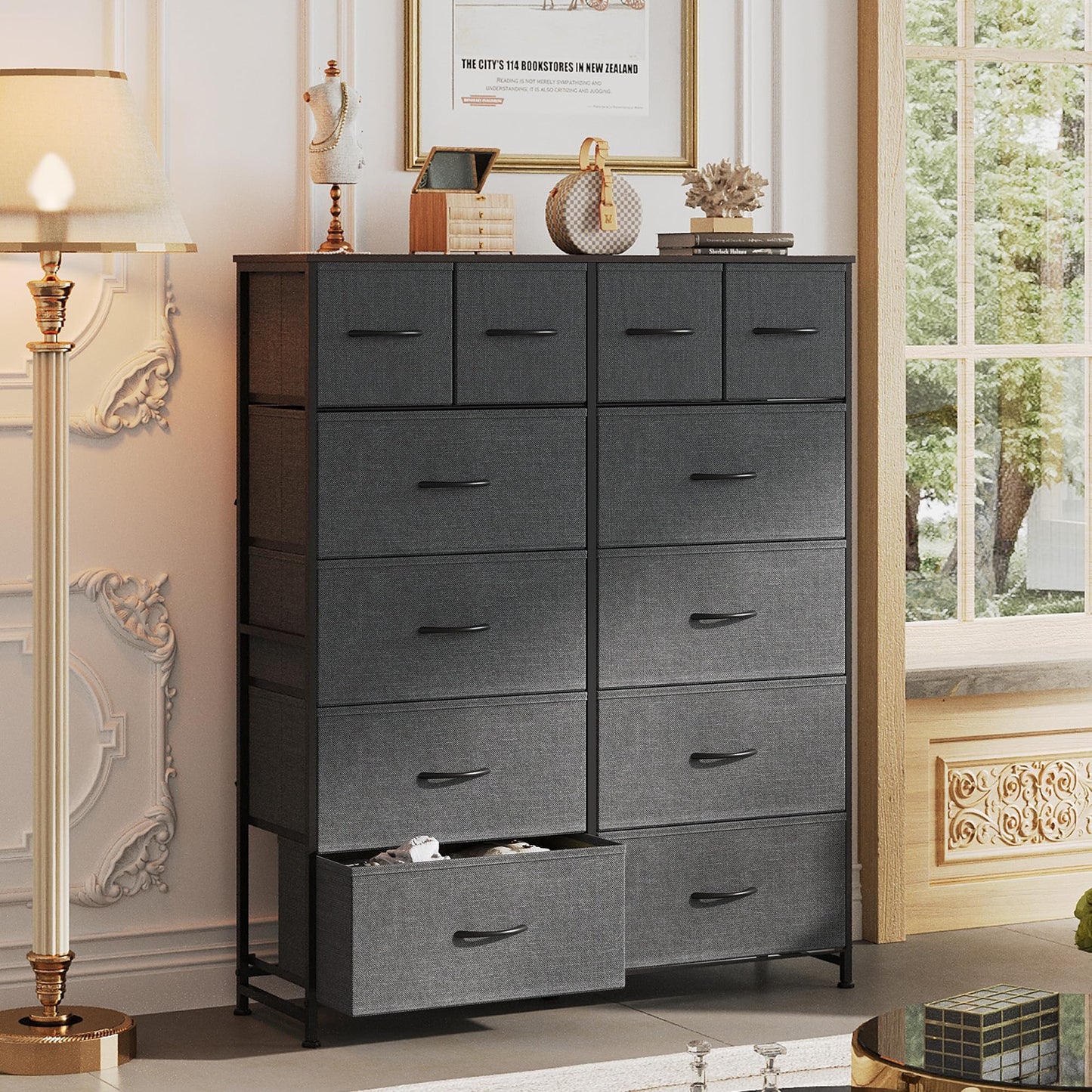 WLIVE Tall Dresser for Bedroom with 12 Drawers, Dressers & Chests of Drawers, Fabric Dressers for Closet, Storage Dresser Organizer with Steel Frame, Wood Top, Rustic Brown Wood Grain Print