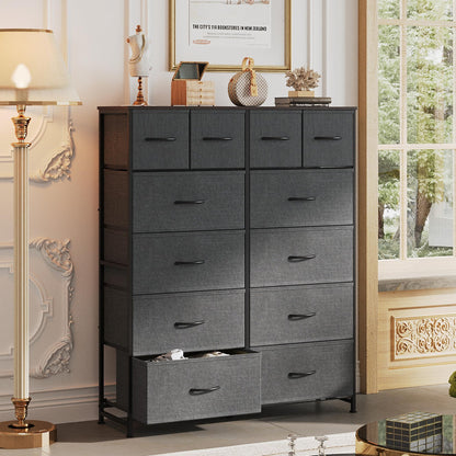 WLIVE Tall Dresser for Bedroom with 12 Drawers, Dressers & Chests of Drawers, Fabric Dressers for Closet, Storage Dresser Organizer with Steel Frame, Wood Top, Rustic Brown Wood Grain Print